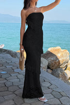 Women’s solid off-the-shoulder lace maxi dress featuring a fitted bodycon silhouette, romantic lace detailing, soft stretch fabric, and an elegant floor-length design in Black.