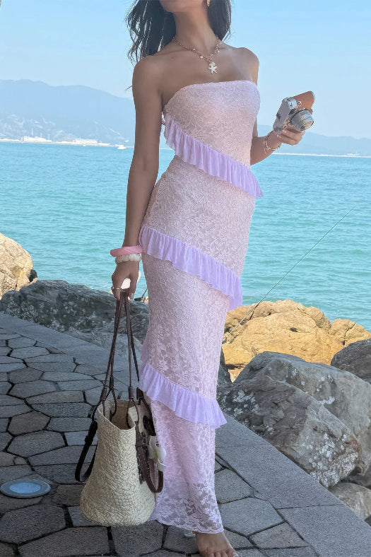 Women’s solid off-the-shoulder lace maxi dress featuring a fitted bodycon silhouette, romantic lace detailing, soft stretch fabric, and an elegant floor-length design in Pink.