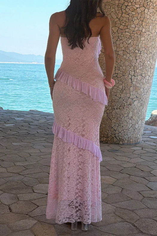 Women’s solid off-the-shoulder lace maxi dress featuring a fitted bodycon silhouette, romantic lace detailing, soft stretch fabric, and an elegant floor-length design in Pink.