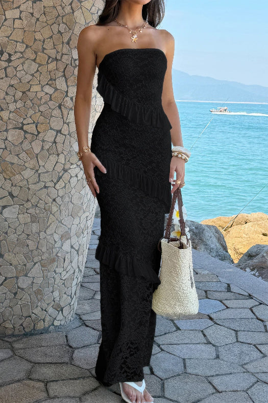 Women’s solid off-the-shoulder lace maxi dress featuring a fitted bodycon silhouette, romantic lace detailing, soft stretch fabric, and an elegant floor-length design in Black.