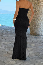 Women’s solid off-the-shoulder lace maxi dress featuring a fitted bodycon silhouette, romantic lace detailing, soft stretch fabric, and an elegant floor-length design in Black.