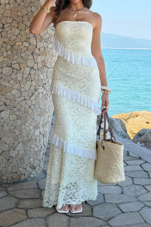 Women’s solid off-the-shoulder lace maxi dress featuring a fitted bodycon silhouette, romantic lace detailing, soft stretch fabric, and an elegant floor-length design in Yellow.