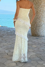 Women’s solid off-the-shoulder lace maxi dress featuring a fitted bodycon silhouette, romantic lace detailing, soft stretch fabric, and an elegant floor-length design in Yellow.
