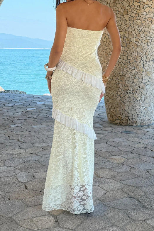 Women’s solid off-the-shoulder lace maxi dress featuring a fitted bodycon silhouette, romantic lace detailing, soft stretch fabric, and an elegant floor-length design in Yellow.