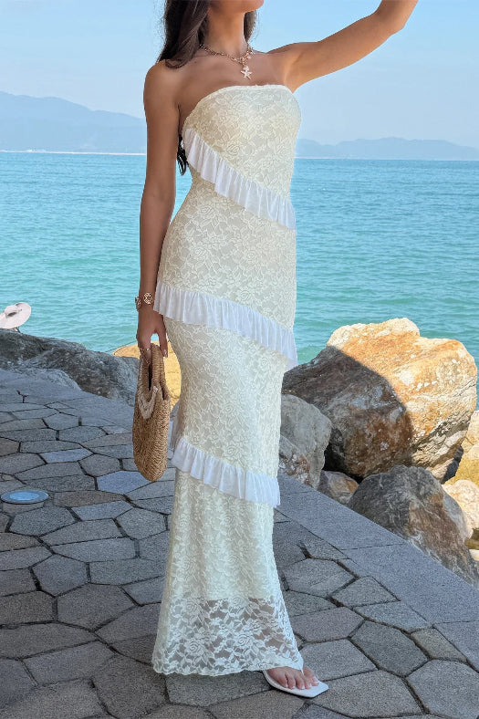Women’s solid off-the-shoulder lace maxi dress featuring a fitted bodycon silhouette, romantic lace detailing, soft stretch fabric, and an elegant floor-length design in Yellow.