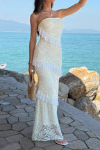 Women’s solid off-the-shoulder lace maxi dress featuring a fitted bodycon silhouette, romantic lace detailing, soft stretch fabric, and an elegant floor-length design in Yellow.