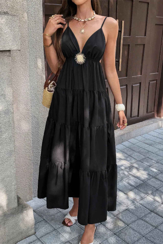 High Waist Sleeveless Open Back Maxi Dress | Elegant Women's Formal Dress in Black
