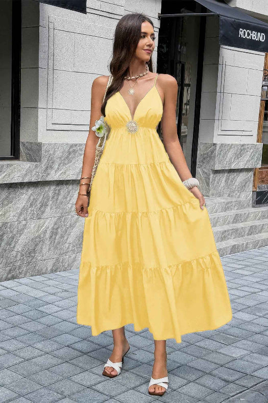 High Waist Sleeveless Open Back Maxi Dress | Elegant Women's Formal Dress in Yellow