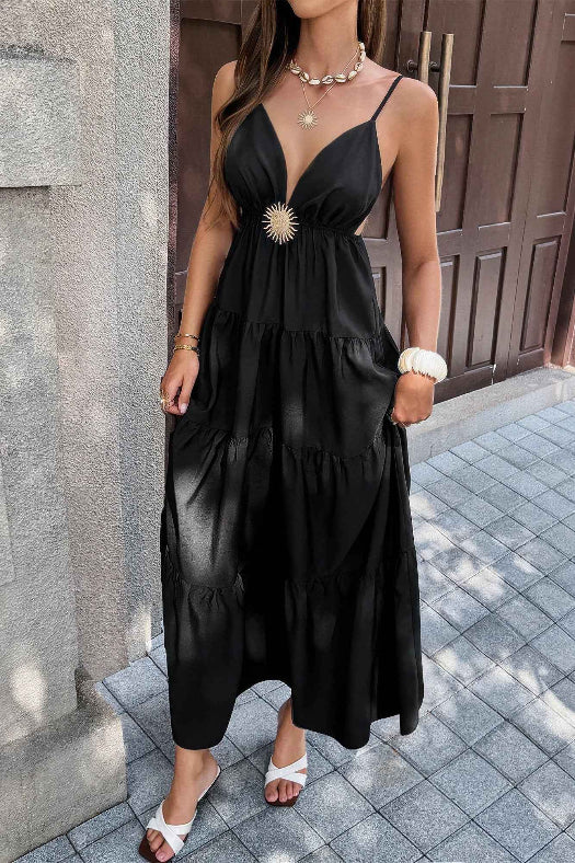 High Waist Sleeveless Open Back Maxi Dress | Elegant Women's Formal Dress in Black
