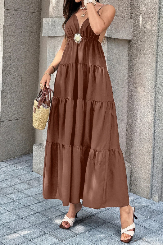 High Waist Sleeveless Open Back Maxi Dress | Elegant Women's Formal Dress in Brown