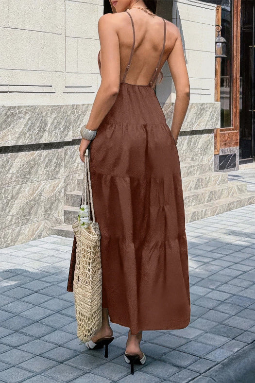 High Waist Sleeveless Open Back Maxi Dress | Elegant Women's Formal Dress in Brown