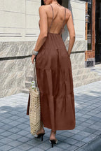 High Waist Sleeveless Open Back Maxi Dress | Elegant Women's Formal Dress in Brown