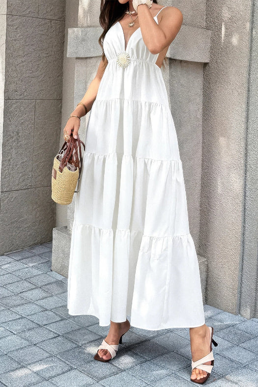 High Waist Sleeveless Open Back Maxi Dress | Elegant Women's Formal Dress in White