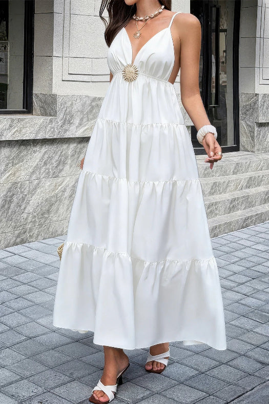 High Waist Sleeveless Open Back Maxi Dress | Elegant Women's Formal Dress in White