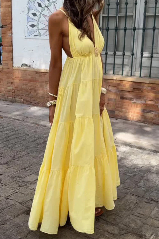High Waist Sleeveless Open Back Maxi Dress | Elegant Women's Formal Dress in Yellow