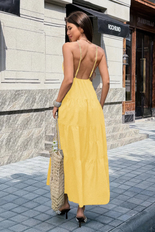 High Waist Sleeveless Open Back Maxi Dress | Elegant Women's Formal Dress in Yellow