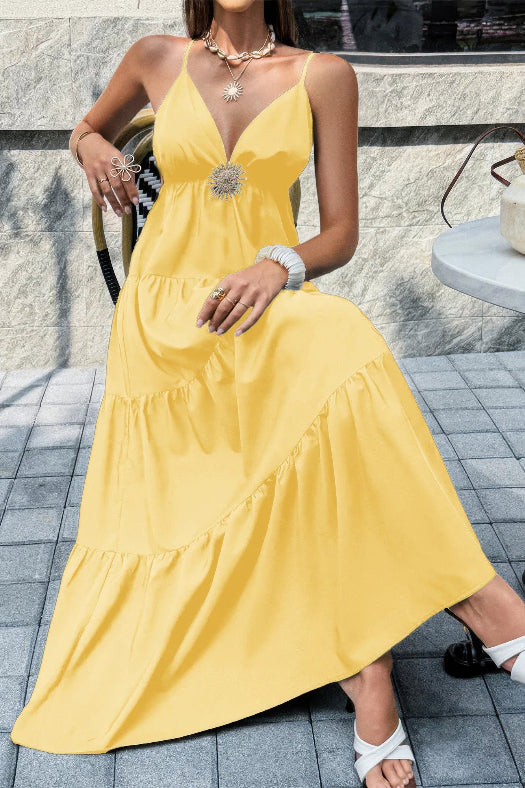 High Waist Sleeveless Open Back Maxi Dress | Elegant Women's Formal Dress in Yellow