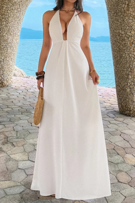 Women’s solid halter maxi dress featuring an elegant neckline, hidden back zipper, flowing A-line skirt, and sophisticated full-length silhouette.