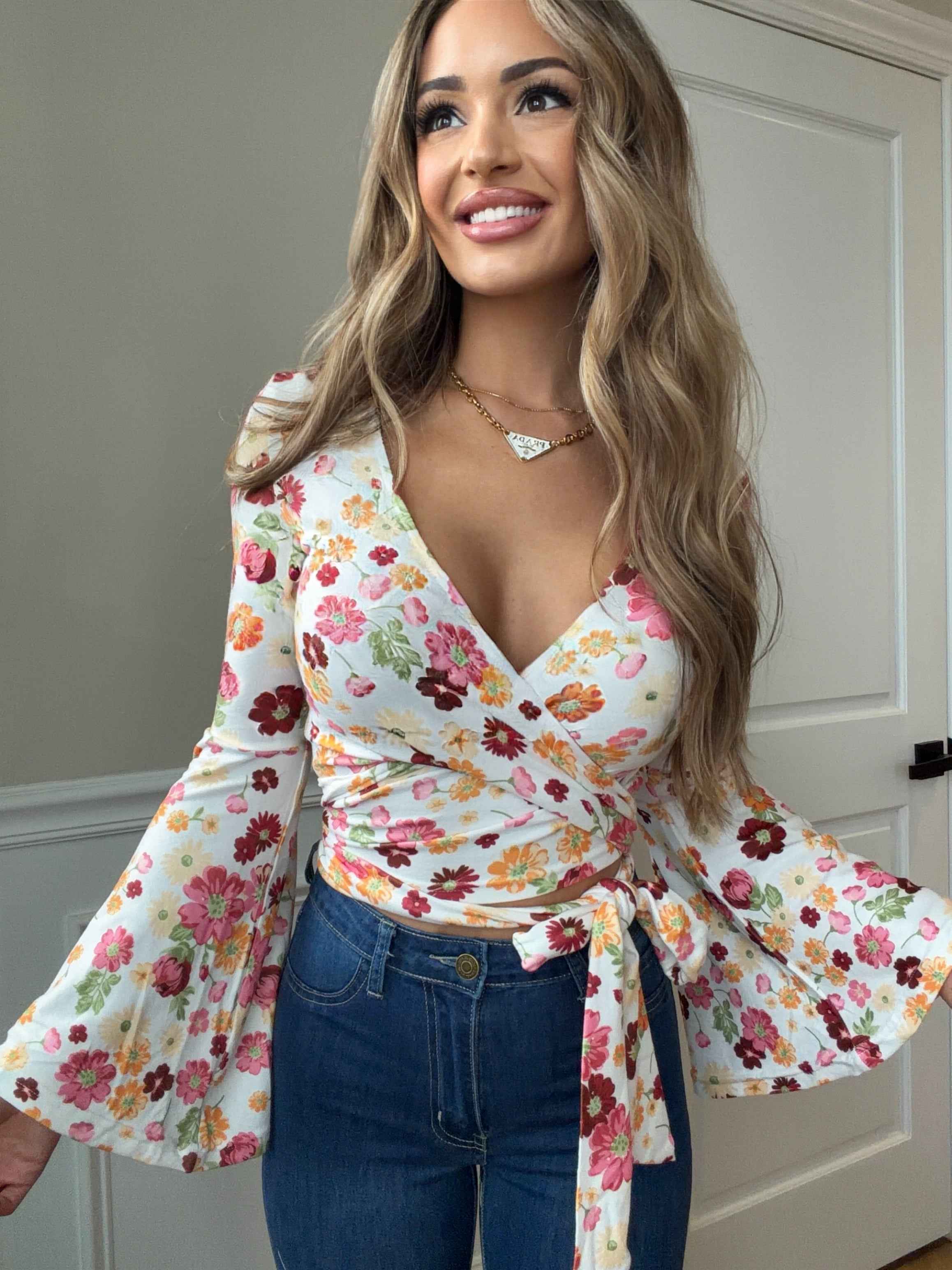 Woodstock Floral Bell Sleeve Wrap Top – Boho V Neck Blouse - 14 Color Options