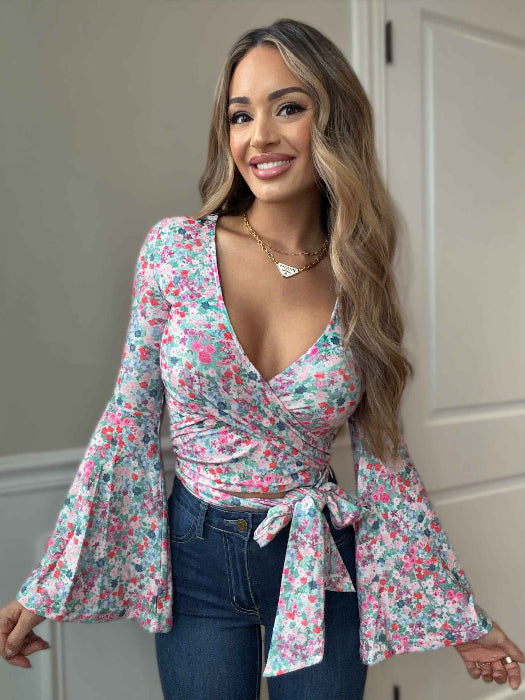 Woodstock Floral Bell Sleeve Wrap Top – Boho V Neck Blouse - Wild Petal
