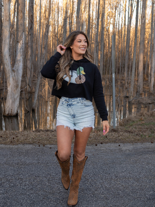 Patch Work Mallard Graphic cropped hoodie in black