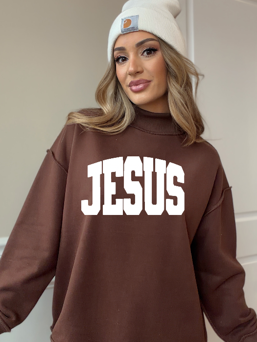 Tilly Jesus Reversible Oversized Mockneck Crew in Brown