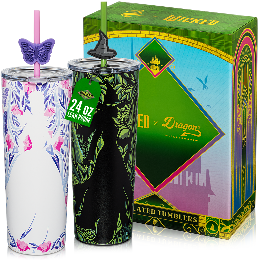 Set of two officially licensed WICKED 24-ounce insulated stainless steel tumblers featuring Glinda and Elphaba silhouette designs with two removable lids and four straws.