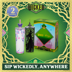 Set of two officially licensed WICKED 24-ounce insulated stainless steel tumblers featuring Glinda and Elphaba silhouette designs with two removable lids and four straws.