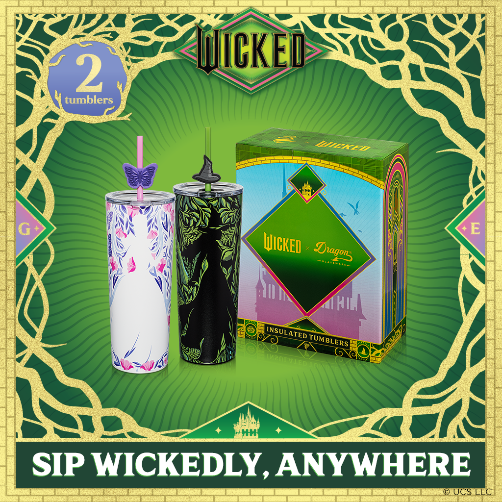 Set of two officially licensed WICKED 24-ounce insulated stainless steel tumblers featuring Glinda and Elphaba silhouette designs with two removable lids and four straws.