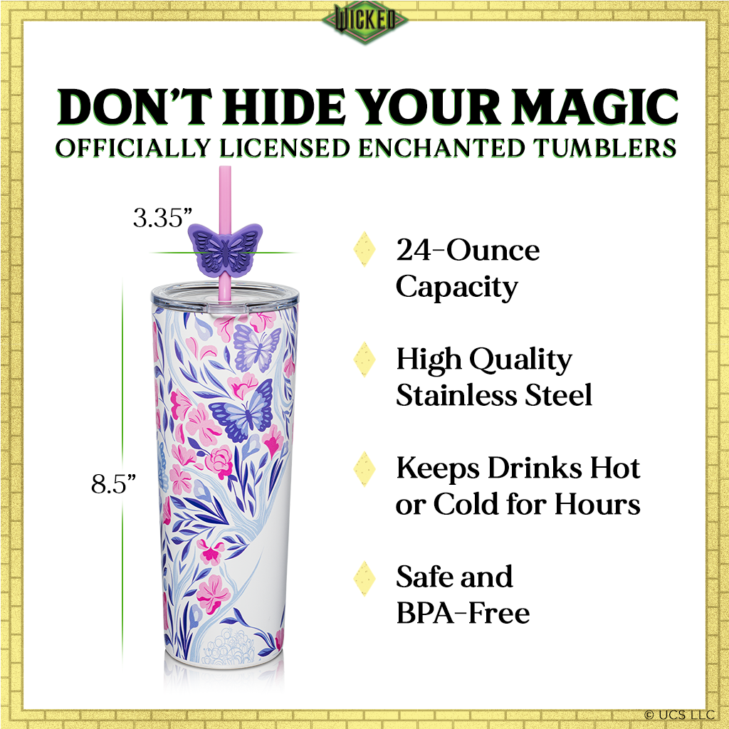 Set of two officially licensed WICKED 24-ounce insulated stainless steel tumblers featuring Glinda and Elphaba silhouette designs with two removable lids and four straws.