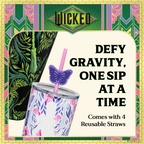 Set of two officially licensed WICKED 24-ounce insulated stainless steel tumblers featuring Glinda and Elphaba silhouette designs with two removable lids and four straws.