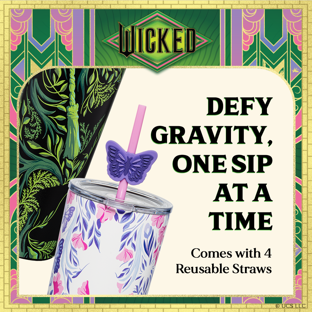 Set of two officially licensed WICKED 24-ounce insulated stainless steel tumblers featuring Glinda and Elphaba silhouette designs with two removable lids and four straws.