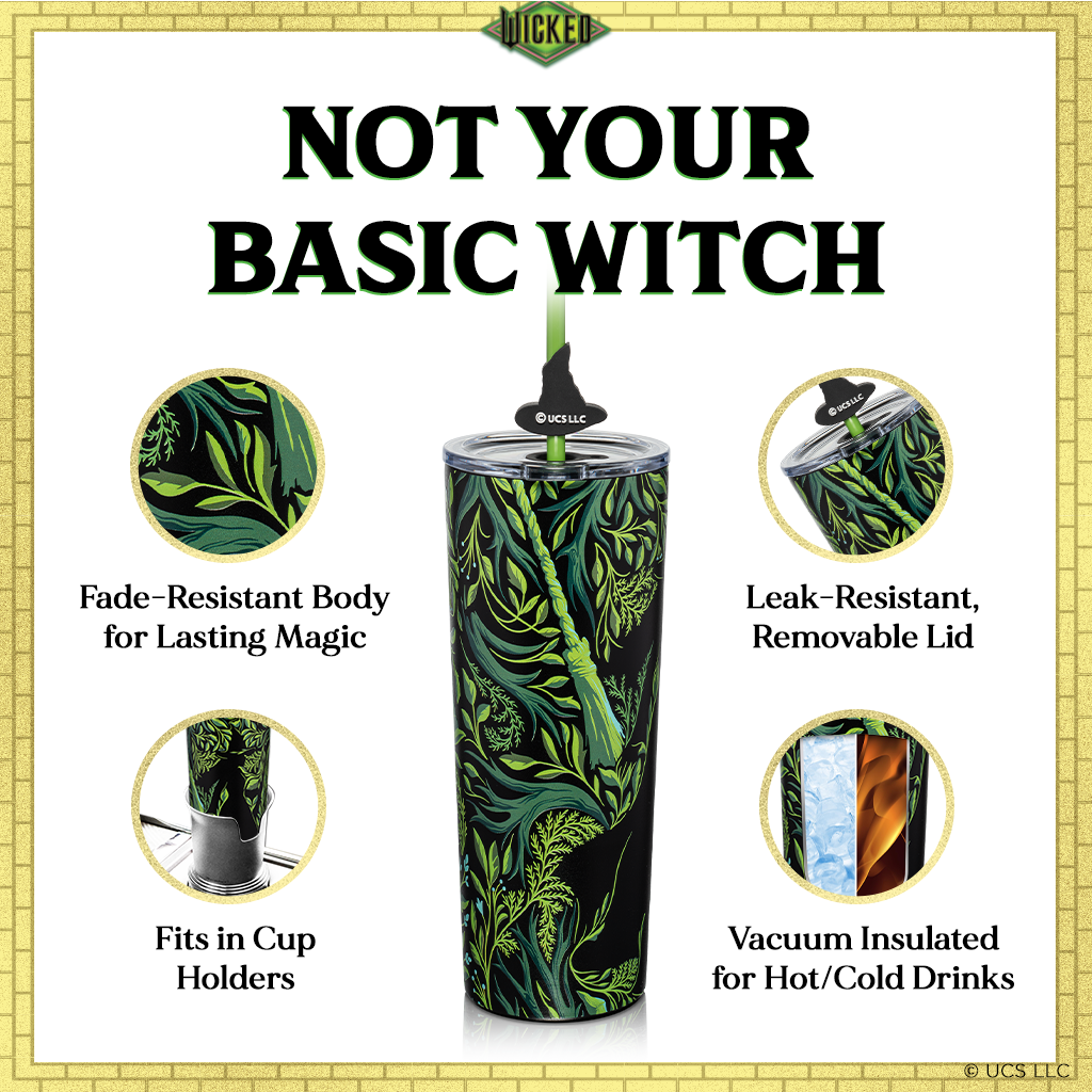 Set of two officially licensed WICKED 24-ounce insulated stainless steel tumblers featuring Glinda and Elphaba silhouette designs with two removable lids and four straws.