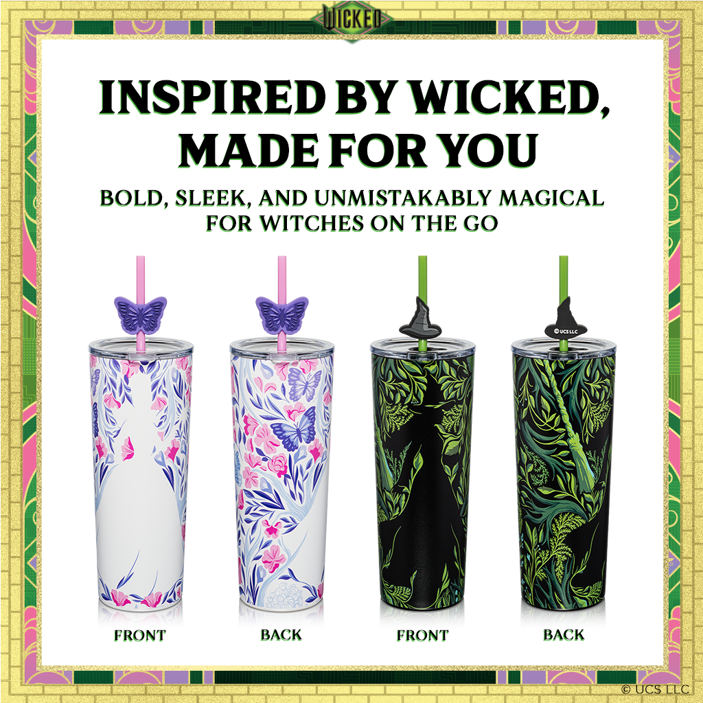Set of two officially licensed WICKED 24-ounce insulated stainless steel tumblers featuring Glinda and Elphaba silhouette designs with two removable lids and four straws.