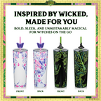 Set of two officially licensed WICKED 24-ounce insulated stainless steel tumblers featuring Glinda and Elphaba silhouette designs with two removable lids and four straws.