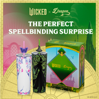 Set of two officially licensed WICKED 24-ounce insulated stainless steel tumblers featuring Glinda and Elphaba silhouette designs with two removable lids and four straws.