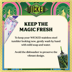 Set of two officially licensed WICKED 24-ounce insulated stainless steel tumblers featuring Glinda and Elphaba silhouette designs with two removable lids and four straws.