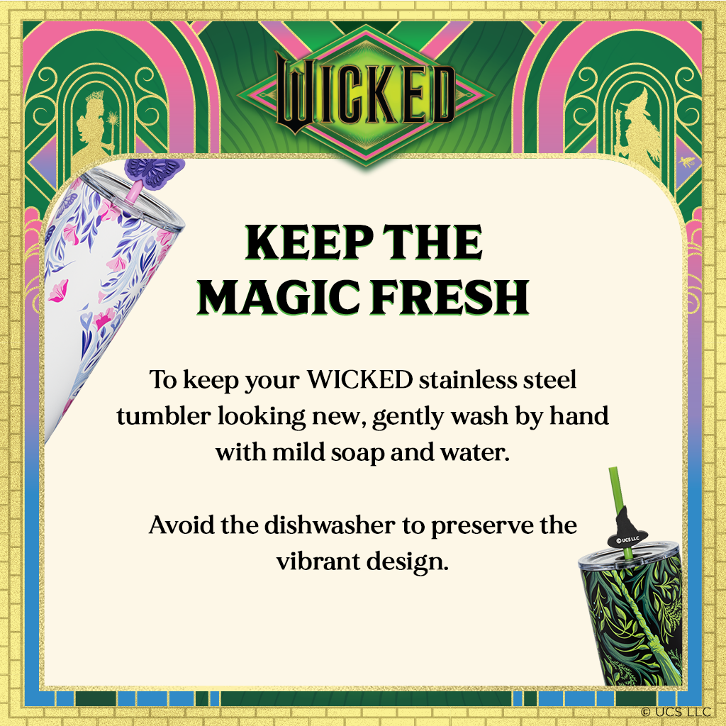 Set of two officially licensed WICKED 24-ounce insulated stainless steel tumblers featuring Glinda and Elphaba silhouette designs with two removable lids and four straws.