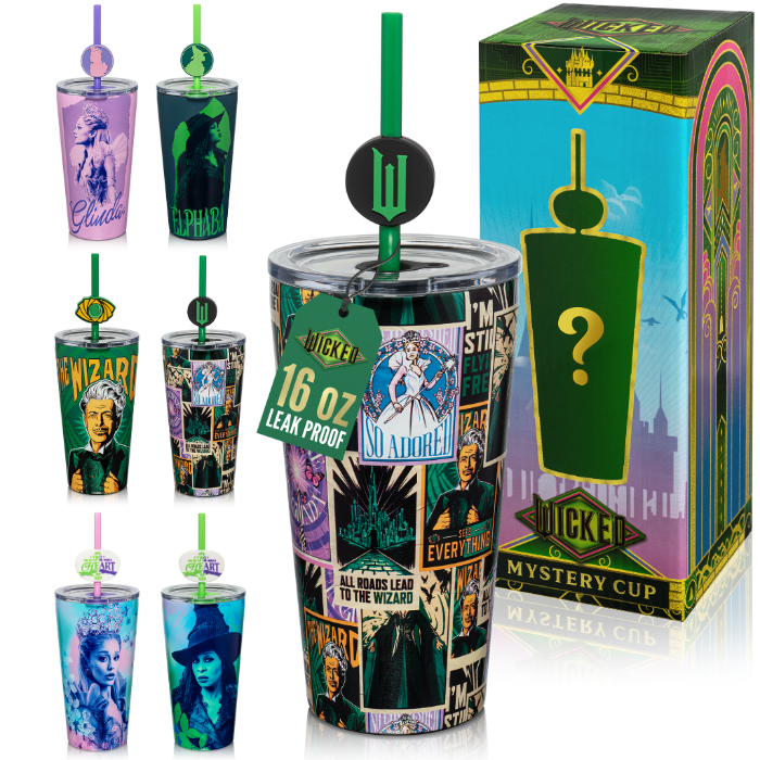 WICKED 16-ounce blind box stainless steel tumbler with lid, straws, and decorative topper, available in one of six randomly selected collectible designs including a secret edition.