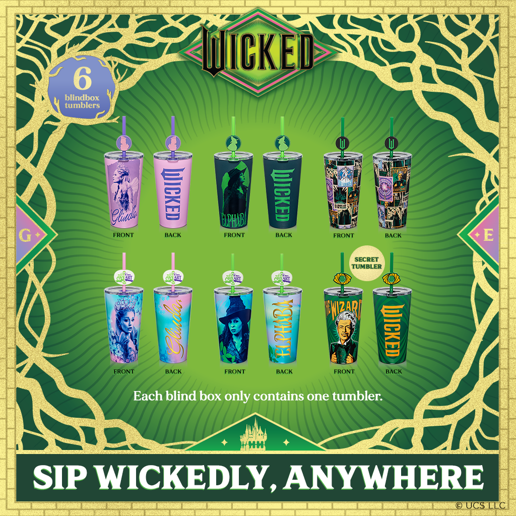 WICKED 16-ounce blind box stainless steel tumbler with lid, straws, and decorative topper, available in one of six randomly selected collectible designs including a secret edition.