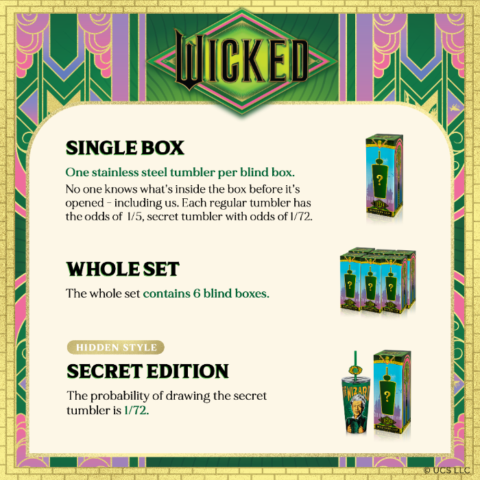 WICKED 16-ounce blind box stainless steel tumbler with lid, straws, and decorative topper, available in one of six randomly selected collectible designs including a secret edition.