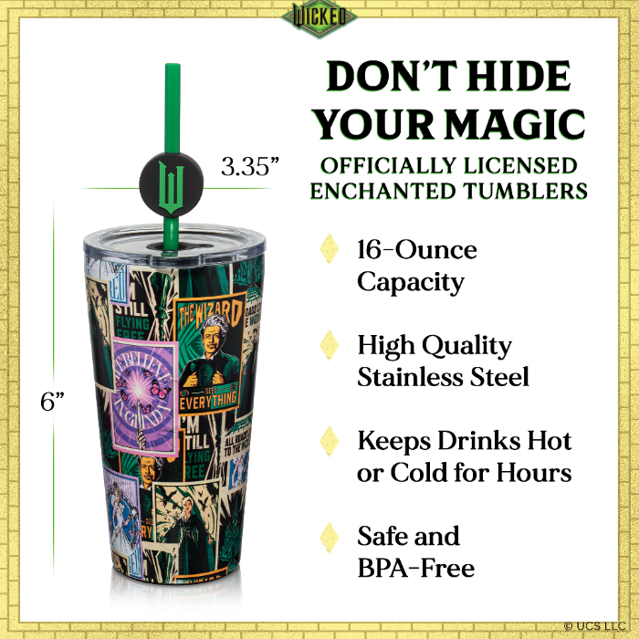 WICKED 16-ounce blind box stainless steel tumbler with lid, straws, and decorative topper, available in one of six randomly selected collectible designs including a secret edition.