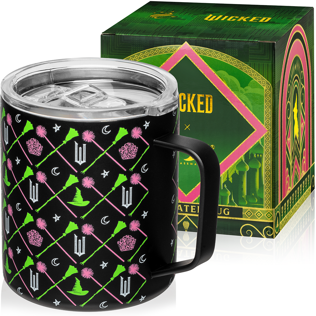 Officially licensed WICKED black 12-ounce insulated stainless steel camp mug with WICKED branding and a sip-through lid.
