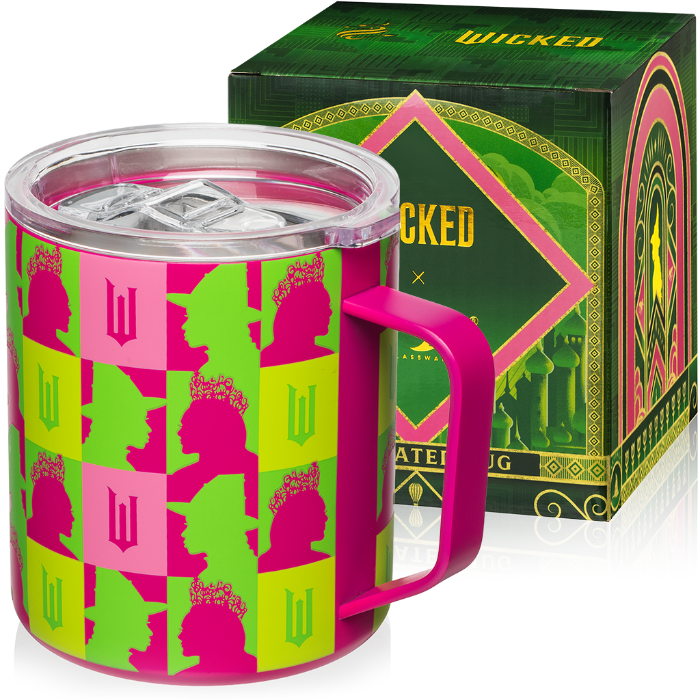 Officially licensed Wicked pink 12 oz stainless steel insulated camp mug with sip-through lid and gift-ready packaging.