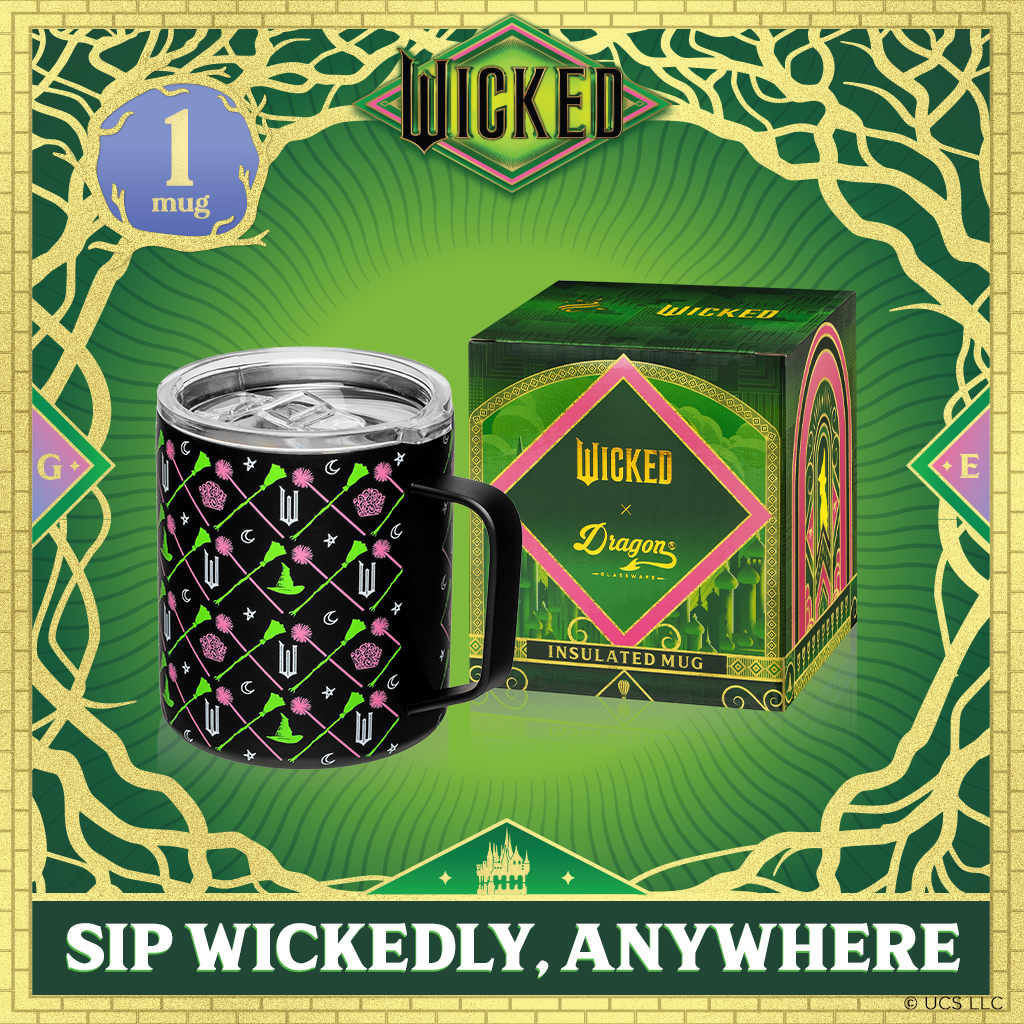 Officially licensed WICKED black 12-ounce insulated stainless steel camp mug with WICKED branding and a sip-through lid.
