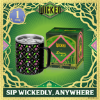 Officially licensed WICKED black 12-ounce insulated stainless steel camp mug with WICKED branding and a sip-through lid.