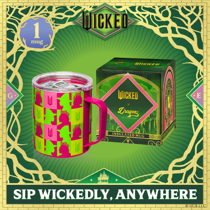 Officially licensed Wicked pink 12 oz stainless steel insulated camp mug with sip-through lid and gift-ready packaging.