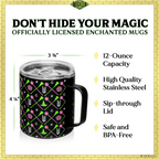 Officially licensed WICKED black 12-ounce insulated stainless steel camp mug with WICKED branding and a sip-through lid.
