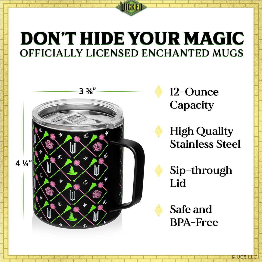 Officially licensed WICKED black 12-ounce insulated stainless steel camp mug with WICKED branding and a sip-through lid.