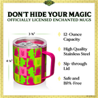 Officially licensed Wicked pink 12 oz stainless steel insulated camp mug with sip-through lid and gift-ready packaging.